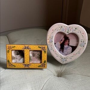 Vintage Yellow Floral Double Photo Frame and White Porselien Heart Frame Set